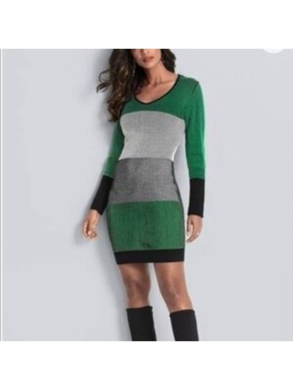 Venus Green Colourblock Long Sleeve Knit Sweater Dress V-Neck Stretchy Size 2X